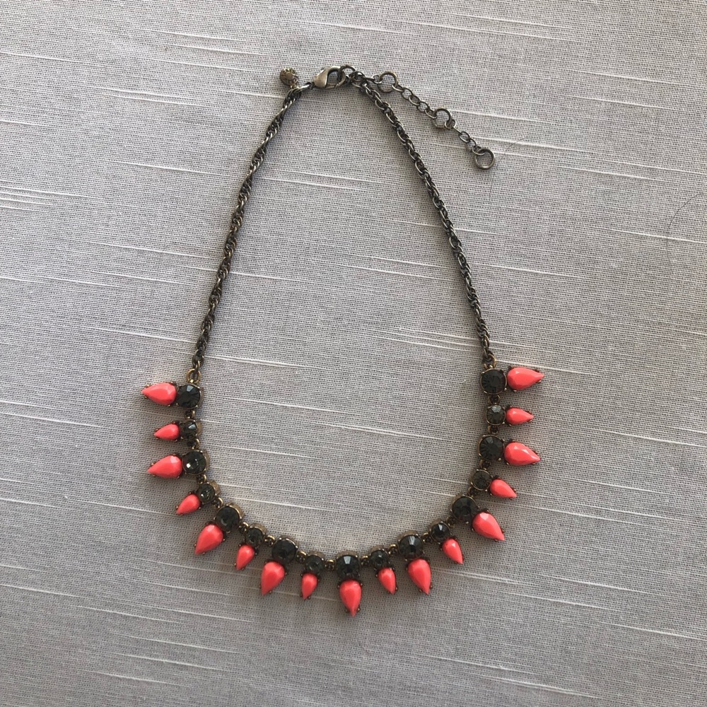 J CREW Coral/Hot Pink & Smokey Gray Crystal Rhinestone & Antique Gold Necklace